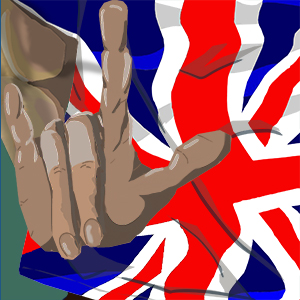 cartoon images of a man's hand signing 'I love you' in front of a union flag T-shirt