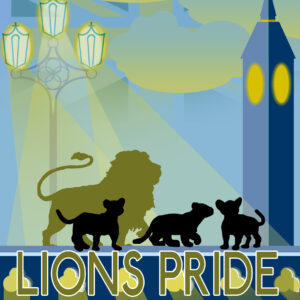 Lion Pride Cover two cartoon lions walking along Westminster Bridge